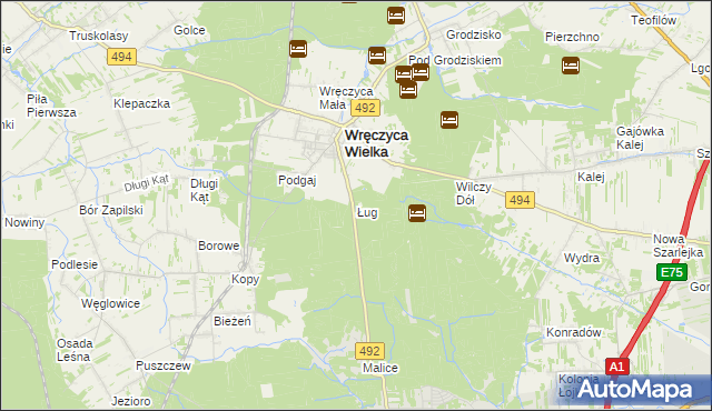 mapa Ług gmina Wręczyca Wielka, Ług gmina Wręczyca Wielka na mapie Targeo