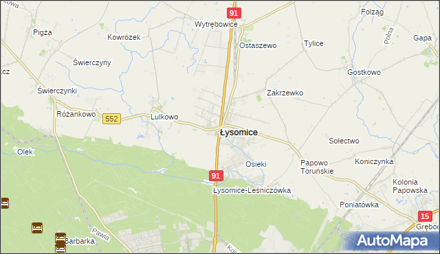 mapa Łysomice powiat toruński, Łysomice powiat toruński na mapie Targeo