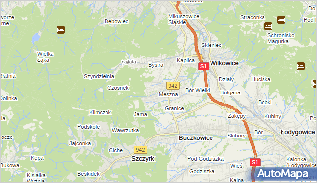 mapa Meszna gmina Wilkowice, Meszna gmina Wilkowice na mapie Targeo