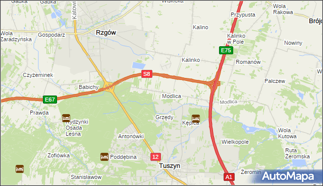 mapa Modlica gmina Tuszyn, Modlica gmina Tuszyn na mapie Targeo