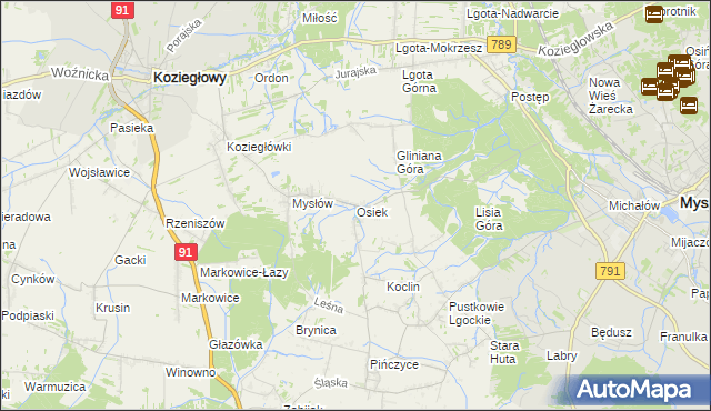 mapa Osiek gmina Koziegłowy, Osiek gmina Koziegłowy na mapie Targeo