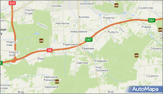 mapa Pawłówek gmina Dłutów, Pawłówek gmina Dłutów na mapie Targeo