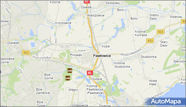 mapa Pawłowice powiat pszczyński, Pawłowice powiat pszczyński na mapie Targeo