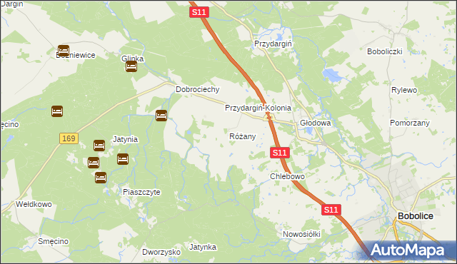 mapa Różany gmina Bobolice, Różany gmina Bobolice na mapie Targeo