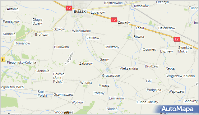 mapa Sarny gmina Błaszki, Sarny gmina Błaszki na mapie Targeo