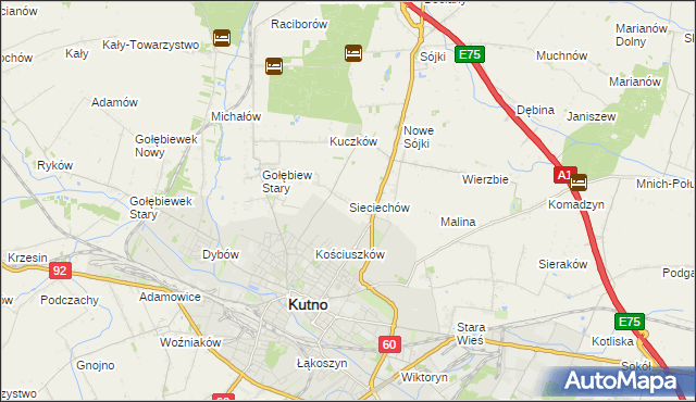 mapa Sieciechów gmina Kutno, Sieciechów gmina Kutno na mapie Targeo