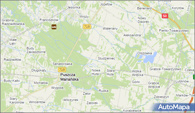 mapa Studzieniec gmina Puszcza Mariańska, Studzieniec gmina Puszcza Mariańska na mapie Targeo