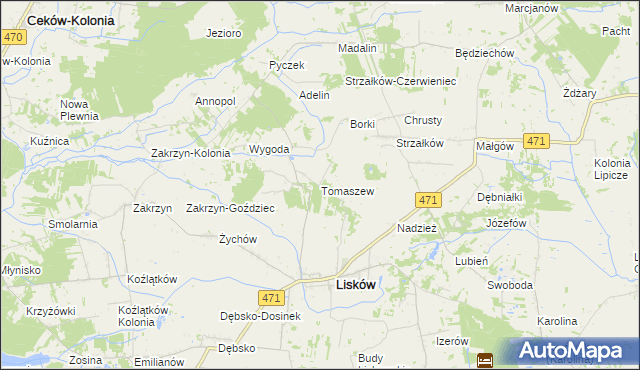 mapa Tomaszew gmina Lisków, Tomaszew gmina Lisków na mapie Targeo