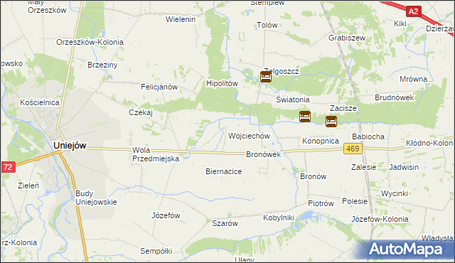 mapa Wojciechów gmina Wartkowice, Wojciechów gmina Wartkowice na mapie Targeo