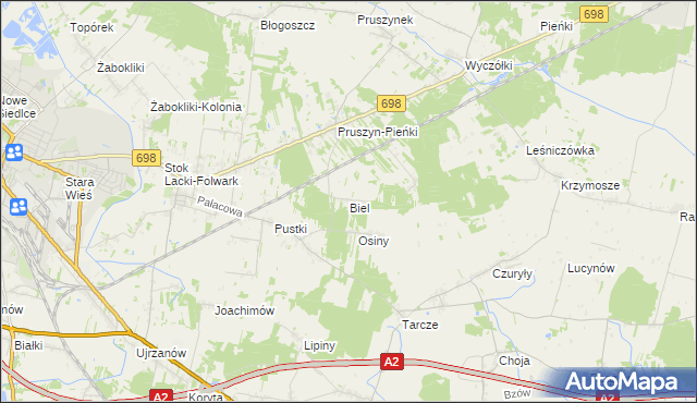 mapa Biel gmina Siedlce, Biel gmina Siedlce na mapie Targeo