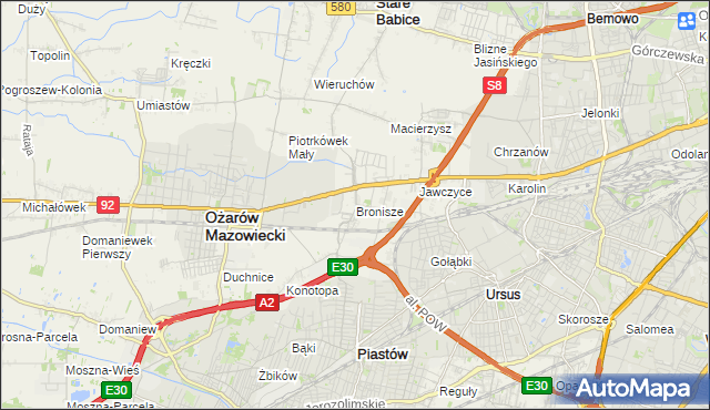 mapa Bronisze gmina Ożarów Mazowiecki, Bronisze gmina Ożarów Mazowiecki na mapie Targeo