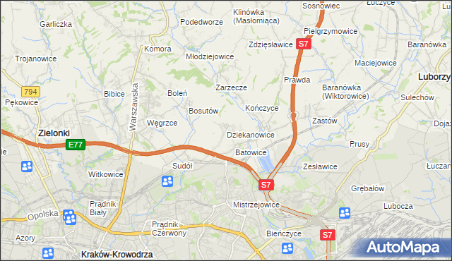 mapa Dziekanowice gmina Zielonki, Dziekanowice gmina Zielonki na mapie Targeo