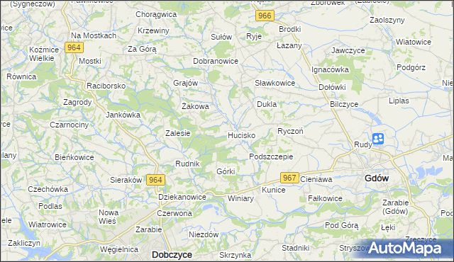 mapa Hucisko gmina Gdów, Hucisko gmina Gdów na mapie Targeo