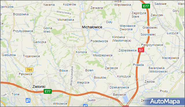 mapa Młodziejowice gmina Michałowice, Młodziejowice gmina Michałowice na mapie Targeo