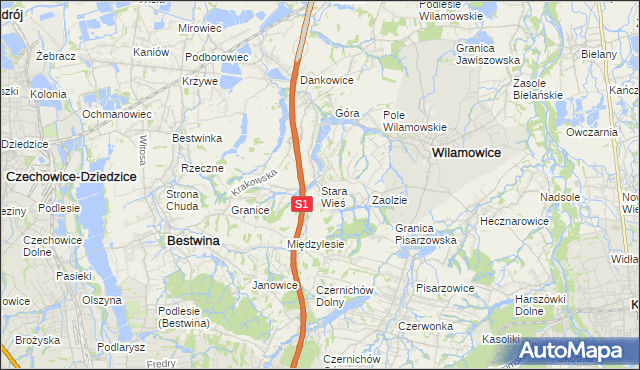 mapa Stara Wieś gmina Wilamowice, Stara Wieś gmina Wilamowice na mapie Targeo