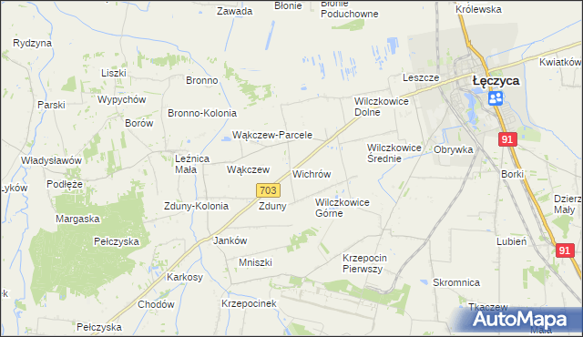 mapa Wichrów gmina Łęczyca, Wichrów gmina Łęczyca na mapie Targeo