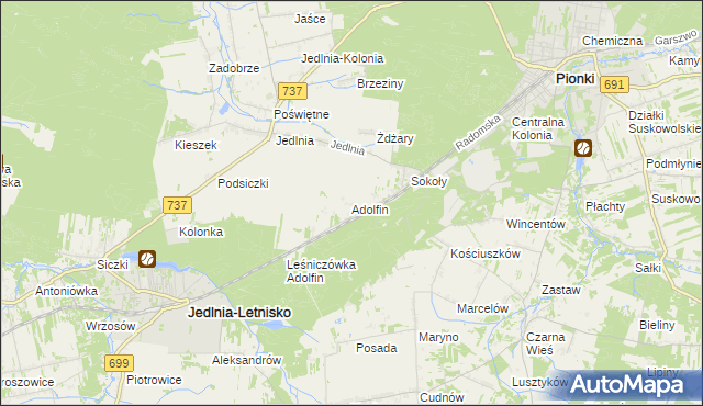 mapa Adolfin gmina Pionki, Adolfin gmina Pionki na mapie Targeo