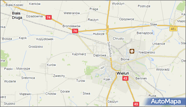 mapa Dąbrowa gmina Wieluń, Dąbrowa gmina Wieluń na mapie Targeo