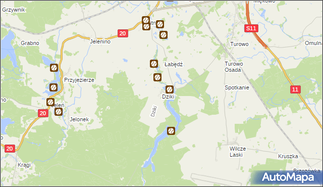 mapa Dziki gmina Szczecinek, Dziki gmina Szczecinek na mapie Targeo