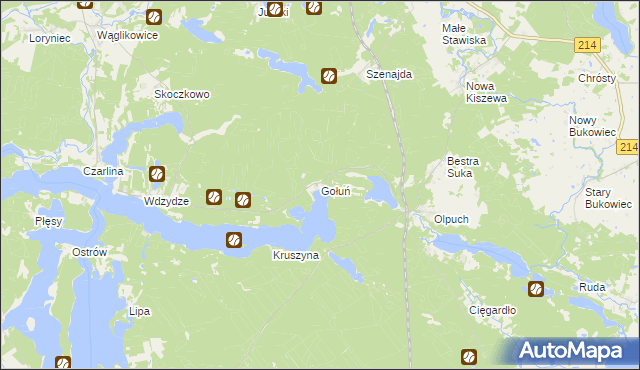 mapa Gołuń gmina Kościerzyna, Gołuń gmina Kościerzyna na mapie Targeo