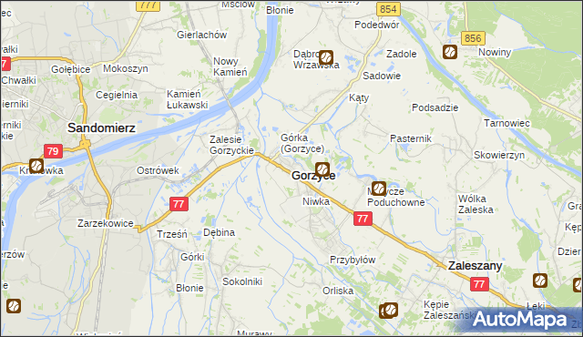 mapa Gorzyce powiat tarnobrzeski, Gorzyce powiat tarnobrzeski na mapie Targeo