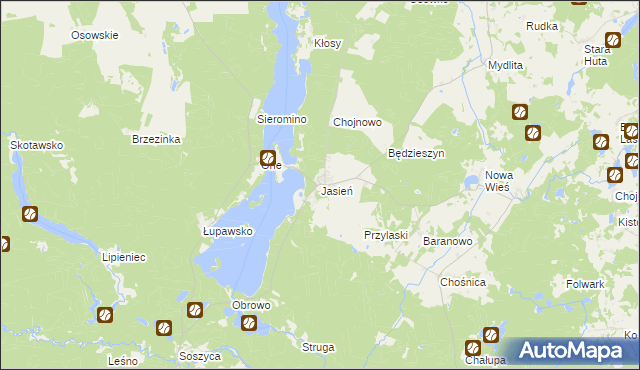 mapa Jasień gmina Czarna Dąbrówka, Jasień gmina Czarna Dąbrówka na mapie Targeo