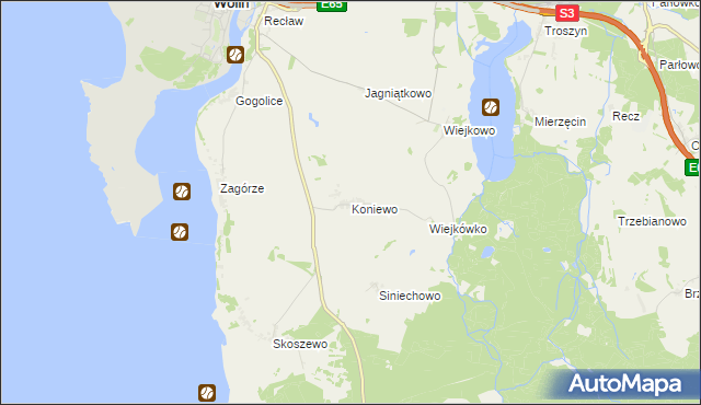 mapa Koniewo gmina Wolin, Koniewo gmina Wolin na mapie Targeo