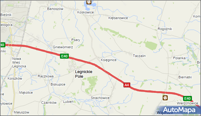 mapa Księginice gmina Legnickie Pole, Księginice gmina Legnickie Pole na mapie Targeo