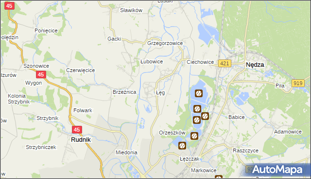 mapa Łęg gmina Nędza, Łęg gmina Nędza na mapie Targeo