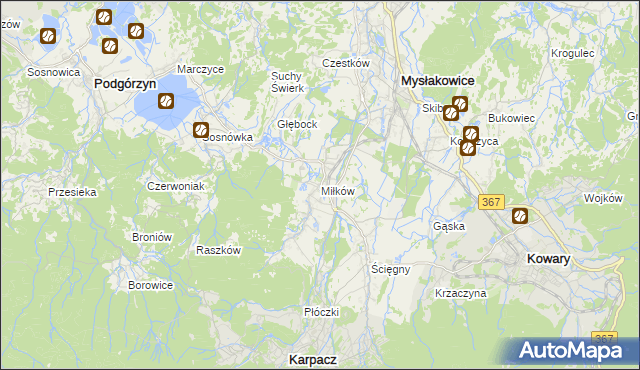 mapa Miłków gmina Podgórzyn, Miłków gmina Podgórzyn na mapie Targeo
