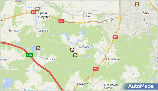 mapa Miłowice gmina Żary, Miłowice gmina Żary na mapie Targeo