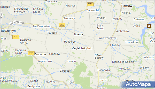 mapa Modrzewie gmina Pawłów, Modrzewie gmina Pawłów na mapie Targeo