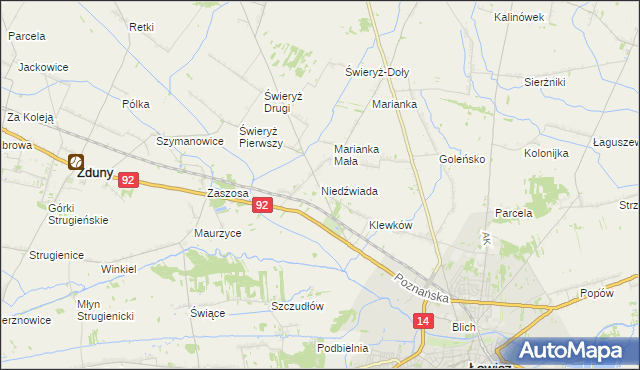 mapa Niedźwiada gmina Łowicz, Niedźwiada gmina Łowicz na mapie Targeo