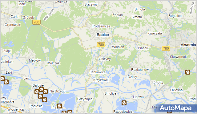 mapa Olszyny gmina Babice, Olszyny gmina Babice na mapie Targeo