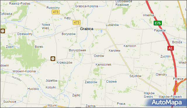 mapa Ostrów gmina Grabica, Ostrów gmina Grabica na mapie Targeo