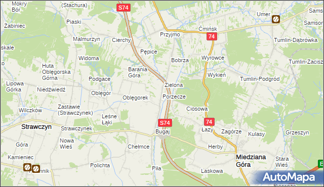 mapa Porzecze gmina Miedziana Góra, Porzecze gmina Miedziana Góra na mapie Targeo