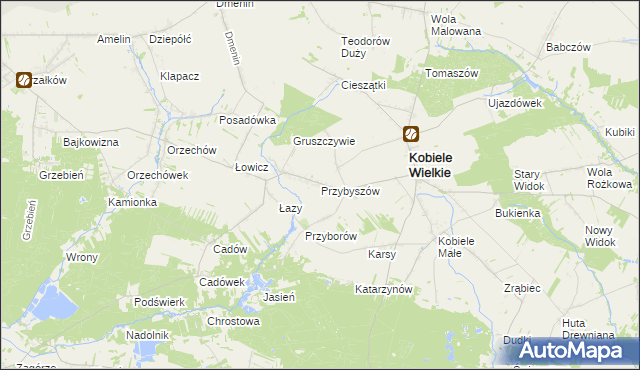 mapa Przybyszów gmina Kobiele Wielkie, Przybyszów gmina Kobiele Wielkie na mapie Targeo