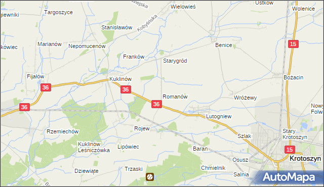 mapa Romanów gmina Krotoszyn, Romanów gmina Krotoszyn na mapie Targeo