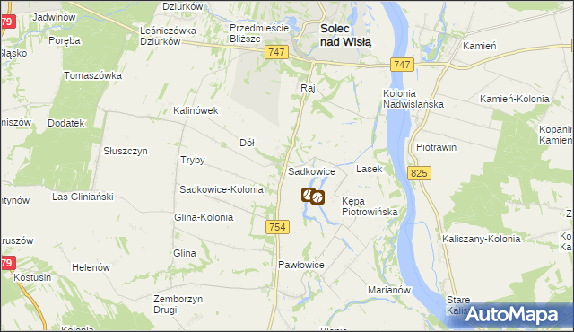 mapa Sadkowice gmina Solec nad Wisłą, Sadkowice gmina Solec nad Wisłą na mapie Targeo