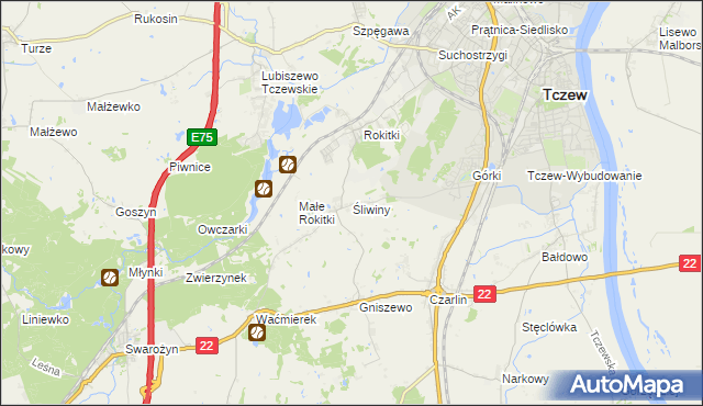 mapa Śliwiny gmina Tczew, Śliwiny gmina Tczew na mapie Targeo