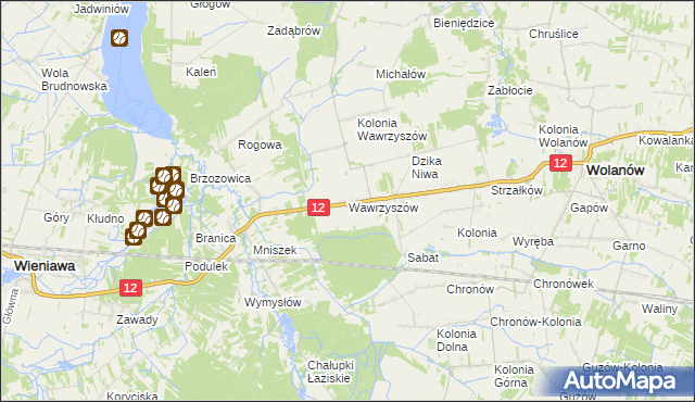 mapa Wawrzyszów gmina Wolanów, Wawrzyszów gmina Wolanów na mapie Targeo