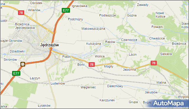 mapa Wolica gmina Jędrzejów, Wolica gmina Jędrzejów na mapie Targeo