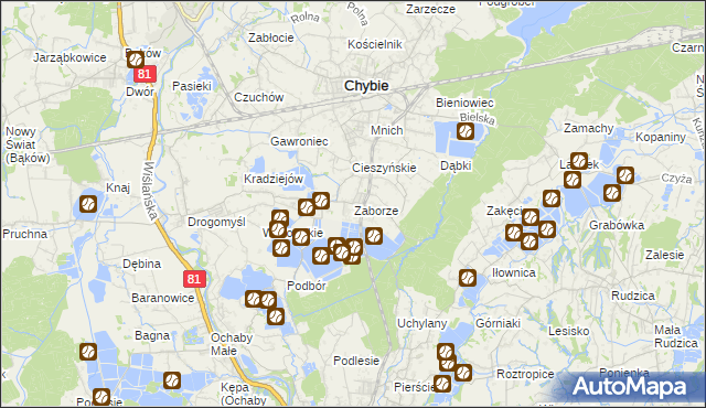 mapa Zaborze gmina Chybie, Zaborze gmina Chybie na mapie Targeo