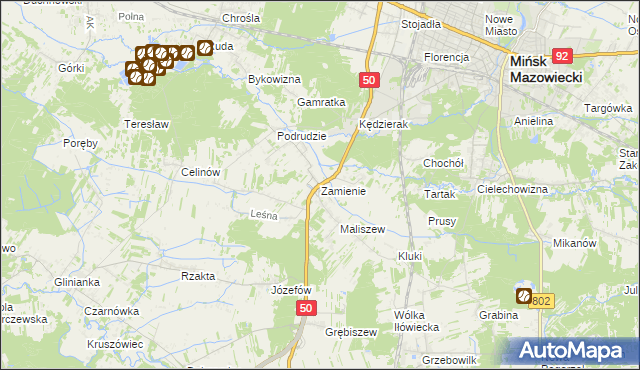 mapa Zamienie gmina Mińsk Mazowiecki, Zamienie gmina Mińsk Mazowiecki na mapie Targeo