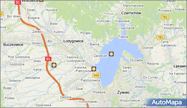mapa Zarzecze gmina Łodygowice, Zarzecze gmina Łodygowice na mapie Targeo