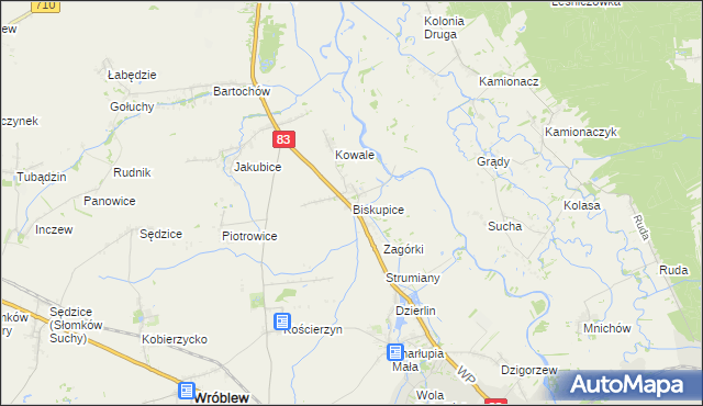 mapa Biskupice gmina Sieradz, Biskupice gmina Sieradz na mapie Targeo