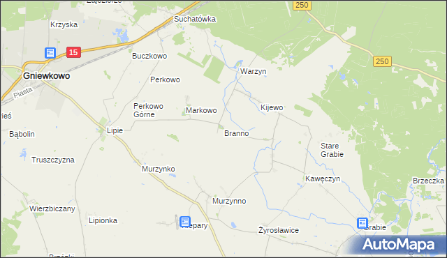mapa Branno gmina Gniewkowo, Branno gmina Gniewkowo na mapie Targeo
