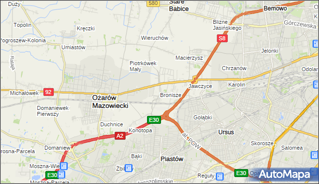 mapa Bronisze gmina Ożarów Mazowiecki, Bronisze gmina Ożarów Mazowiecki na mapie Targeo