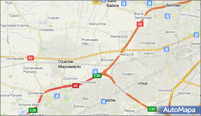 mapa Bronisze gmina Ożarów Mazowiecki, Bronisze gmina Ożarów Mazowiecki na mapie Targeo