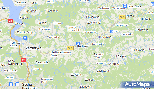 mapa Budzów powiat suski, Budzów powiat suski na mapie Targeo